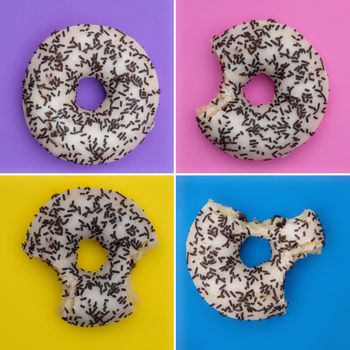 Colorful delicious donut in a row, bitten