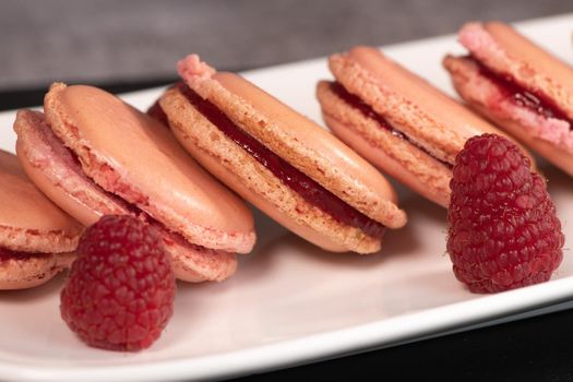Pastry, Macaroon recipe with raspberry cream filling. High quality photo