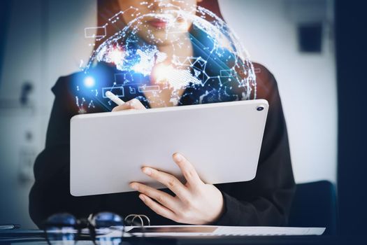 Business woman using a tablet to work through the internet technology for the digital marketing era, data analysis, metaverse, big data, Business global internet, global network and data exchanges