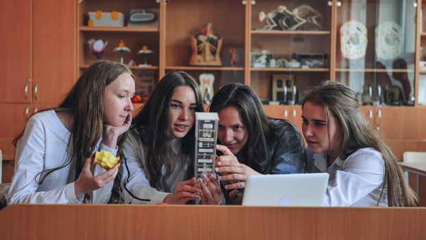 Schoolgirls friends working together in class with a laptop and eating apples