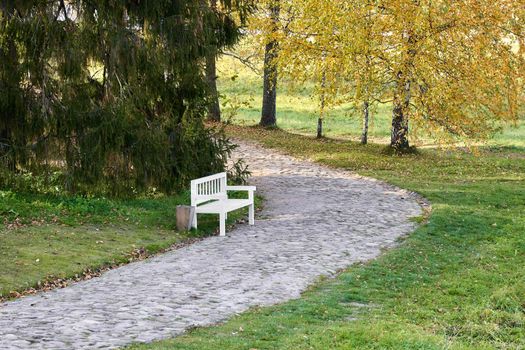 Single white bench and path. High quality photo