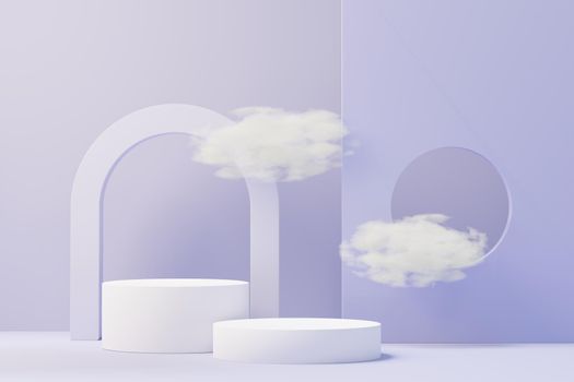 3d render of Beauty podium with Very Peri color of the year 2022 design for product presentation and advertising. Minimal pastel sky and Dreamy land scene. Romance concept.