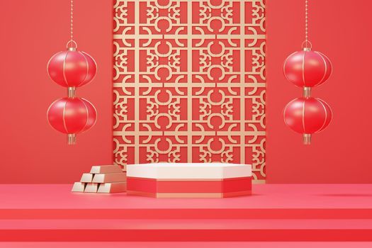 3d rendering of minimal scene of blank podium with Chinese lunar new year theme. Display stand for product presentation mock up. Cylinder stage in Chinese traditional texture with simple design.