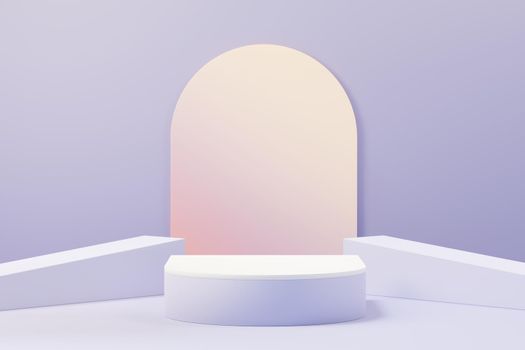 3d render of Beauty podium with Very Peri color of the year 2022 design for product presentation and advertising. Minimal pastel sky and Dreamy land scene. Romance concept.