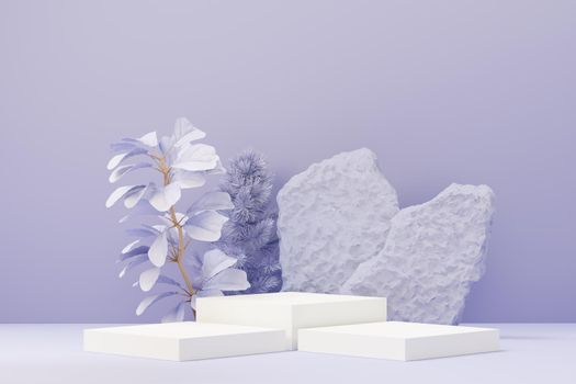 3d render of Beauty podium with Very Peri color of the year 2022 design for product presentation and advertising. Minimal pastel sky and Dreamy land scene. Romance concept.