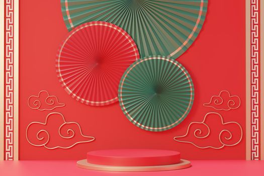 3d rendering of minimal scene of blank podium with Chinese lunar new year theme. Display stand for product presentation mock up. Cylinder stage in Chinese traditional texture with simple design.