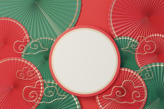 3d render top view of white blank cylinder frame for mock up and display products with Chinese traditional background. Chinese lunar new year theme.