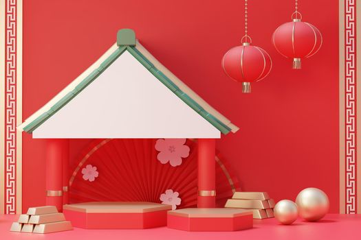 3d rendering of minimal scene of blank podium with Chinese lunar new year theme. Display stand for product presentation mock up. Cylinder stage in Chinese traditional texture with simple design.