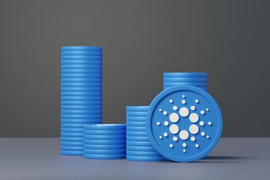 3d render stack of cryptocurrencies Cardano coins or ADA. Cryptocurrency digital currency concept. New virtual money exchange in blockchain.