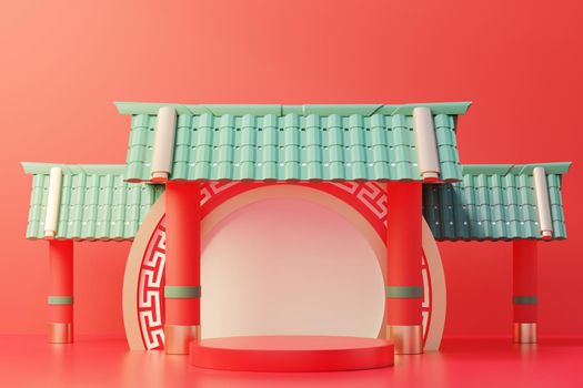 3d rendering of minimal scene of blank podium with Chinese lunar new year theme. Display stand for product presentation mock up. Cylinder stage in Chinese traditional texture with simple design.