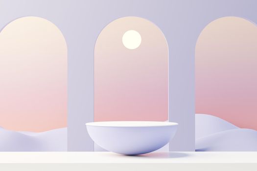 3d render of Beauty podium with Very Peri color of the year 2022 design for product presentation and advertising. Minimal pastel sky and Dreamy land scene. Romance concept.