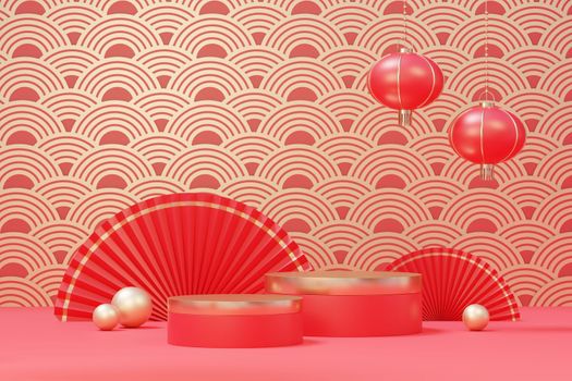 3d rendering of minimal scene of blank podium with Chinese lunar new year theme. Display stand for product presentation mock up. Cylinder stage in Chinese traditional texture with simple design.