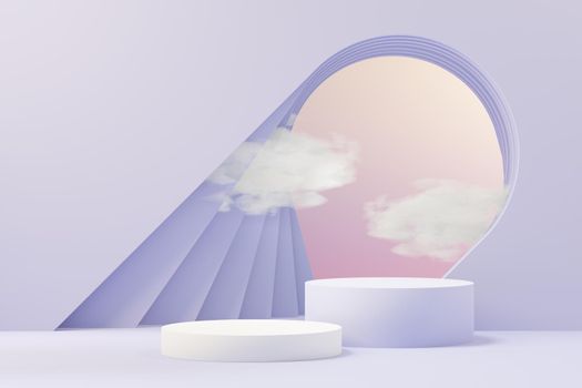 3d render of Beauty podium with Very Peri color of the year 2022 design for product presentation and advertising. Minimal pastel sky and Dreamy land scene. Romance concept.