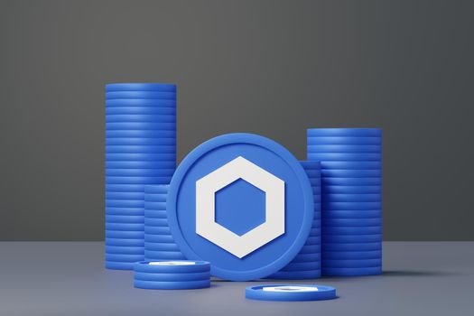 3d render stack of cryptocurrencies Chainlink coins or LINK. Cryptocurrency digital currency concept. New virtual money exchange in blockchain.