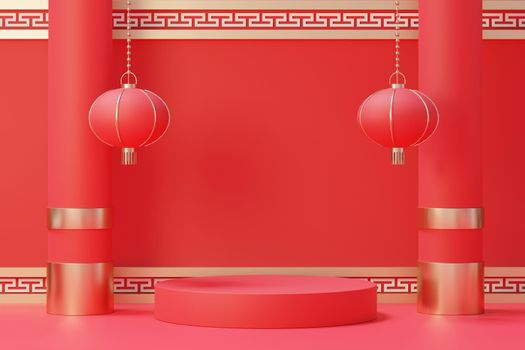 3d rendering of minimal scene of blank podium with Chinese lunar new year theme. Display stand for product presentation mock up. Cylinder stage in Chinese traditional texture with simple design.