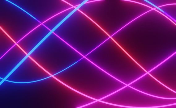 3d render of RGB neon light on darkness background. Abstract Laser lines show at night. Ultraviolet spectrum beam scene for mock up and web banner.