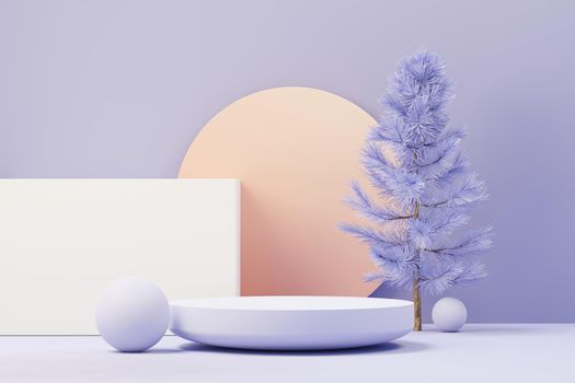 3d render of Beauty podium with Very Peri color of the year 2022 design for product presentation and advertising. Minimal pastel sky and Dreamy land scene. Romance concept.