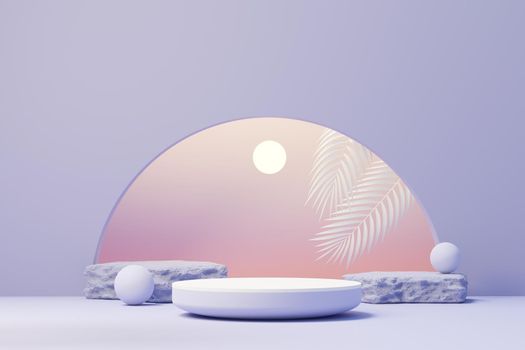 3d render of Beauty podium with Very Peri color of the year 2022 design for product presentation and advertising. Minimal pastel sky and Dreamy land scene. Romance concept.