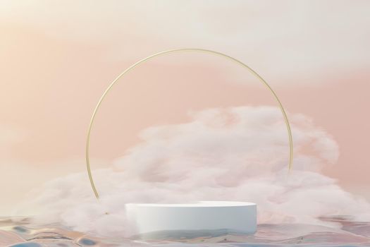 3d Beauty premium pedestal product display with Dreaming land and fluffy cloud. Minimal blue sky and clouds scene for present product promotion and beauty cosmetics. Romance land of Dreams concept.