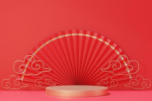 3d rendering of minimal scene of blank podium with Chinese lunar new year theme. Display stand for product presentation mock up. Cylinder stage in Chinese traditional texture with simple design.