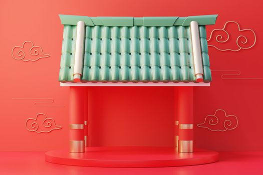 3d rendering of minimal scene of blank podium with Chinese lunar new year theme. Display stand for product presentation mock up. Cylinder stage in Chinese traditional texture with simple design.