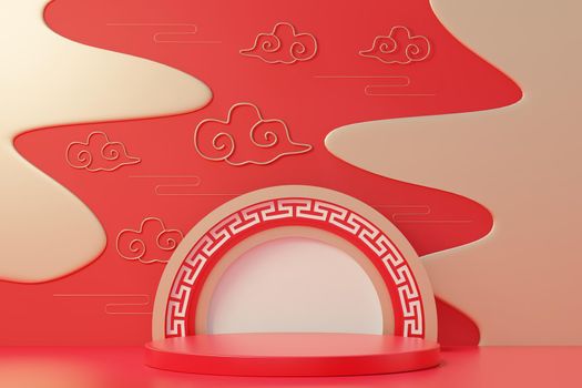 3d rendering of minimal scene of blank podium with Chinese lunar new year theme. Display stand for product presentation mock up. Cylinder stage in Chinese traditional texture with simple design.