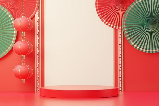 3d rendering of minimal scene of blank podium with Chinese lunar new year theme. Display stand for product presentation mock up. Cylinder stage in Chinese traditional texture with simple design.