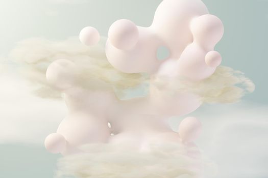 3d render of pastel ball, soaps bubbles, blobs that floating on the air with fluffy clouds and ocean. Romance land of dream scene. Natural abstract dreamy sky.