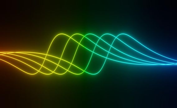 3d render of RGB neon light on darkness background. Abstract Laser lines show at night. Ultraviolet spectrum beam scene for mock up and web banner.