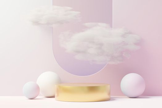 3d Beauty premium pedestal product display with Dreaming land and fluffy cloud. Minimal pastel sky and clouds scene for present product promotion and beauty cosmetics. Romance land of Dreams concept.