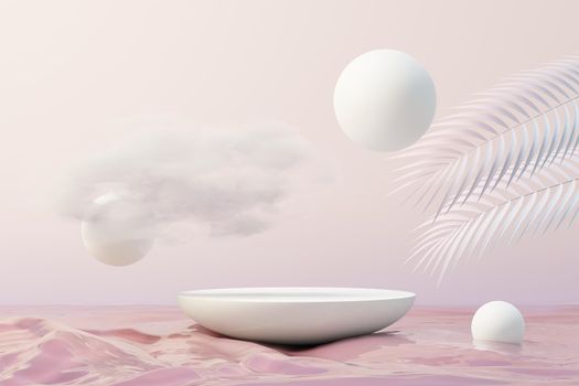 3d Beauty premium pedestal product display with Dreaming land and fluffy cloud. Minimal pastel sky and clouds scene for present product promotion and beauty cosmetics. Romance land of Dreams concept.