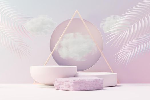 3d Beauty premium pedestal product display with Dreaming land and fluffy cloud. Minimal pastel sky and clouds scene for present product promotion and beauty cosmetics. Romance land of Dreams concept.