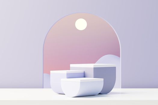 3d render of Beauty podium with Very Peri color of the year 2022 design for product presentation and advertising. Minimal pastel sky and Dreamy land scene. Romance concept.