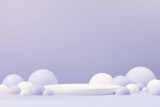 3d render of Beauty podium with Very Peri color of the year 2022 design for product presentation and advertising. Minimal pastel sky and Dreamy land scene. Romance concept.