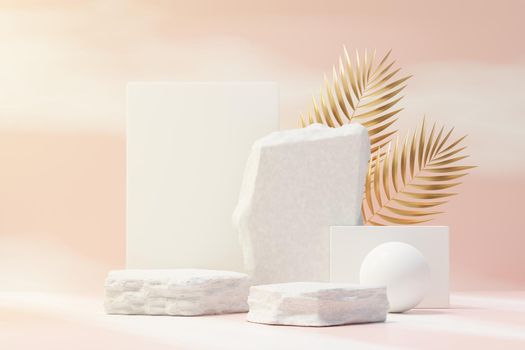 3d render of rock podium display with Tropical nature scene. Product and promotion concept for advertising. Abstract Stone pedestal for presentation objects.