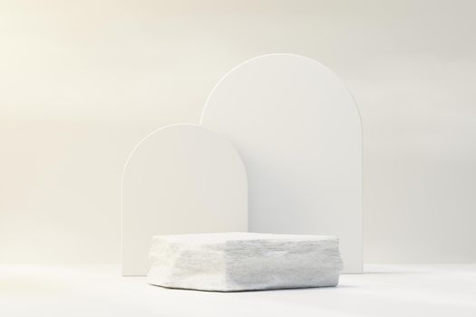 3d render of rock podium display with Tropical nature scene. Product and promotion concept for advertising. Abstract Stone pedestal for presentation objects.