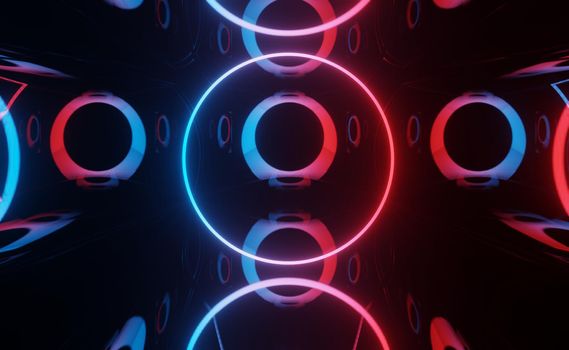 3d render of RGB neon light on darkness background. Abstract Laser lines show at night. Ultraviolet spectrum beam scene for mock up and web banner.