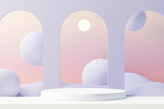 3d render of Beauty podium with Very Peri color of the year 2022 design for product presentation and advertising. Minimal pastel sky and Dreamy land scene. Romance concept.