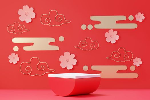 3d rendering of minimal scene of blank podium with Chinese lunar new year theme. Display stand for product presentation mock up. Cylinder stage in Chinese traditional texture with simple design.