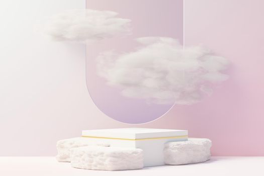 3d Beauty premium pedestal product display with Dreaming land and fluffy cloud. Minimal pastel sky and clouds scene for present product promotion and beauty cosmetics. Romance land of Dreams concept.