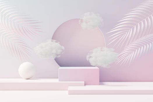 3d Beauty premium pedestal product display with Dreaming land and fluffy cloud. Minimal pastel sky and clouds scene for present product promotion and beauty cosmetics. Romance land of Dreams concept.