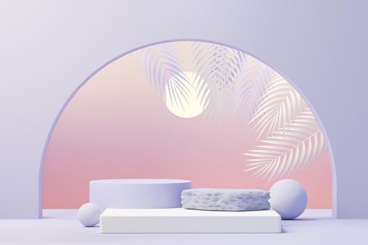 3d render of Beauty podium with Very Peri color of the year 2022 design for product presentation and advertising. Minimal pastel sky and Dreamy land scene. Romance concept.