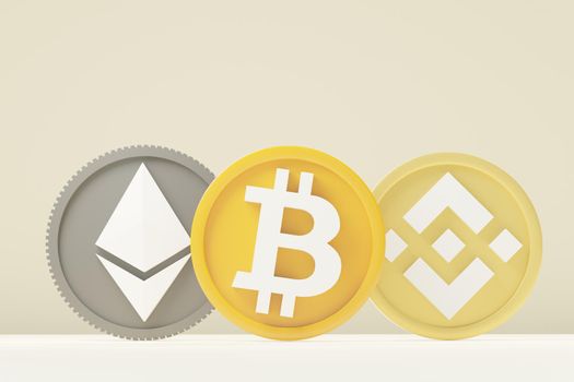 3d render stack of cryptocurrencies Bitcoin, Ethereum, and Binance coins. Cryptocurrency digital currency concept. New virtual money exchange in blockchain.