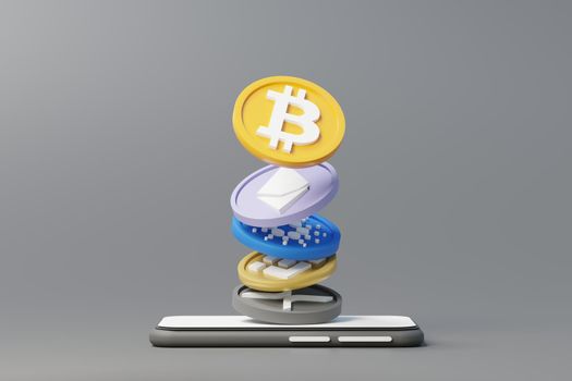 3d render Minimal mini mobile phone or smartphone for work with white copy space and cryptocurrency bitcoin, ethereum, binance and ripple coins for mock up and web banner. Defi crypto concept.