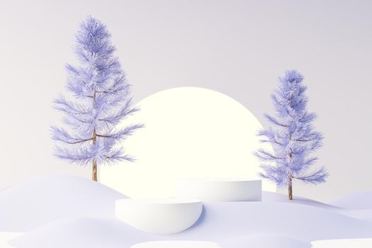 3d render of Beauty podium with Very Peri color of the year 2022 design for product presentation and advertising. Minimal pastel sky and Dreamy land scene. Romance concept.