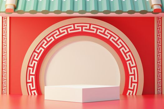 3d rendering of minimal scene of blank podium with Chinese lunar new year theme. Display stand for product presentation mock up. Cylinder stage in Chinese traditional texture with simple design.