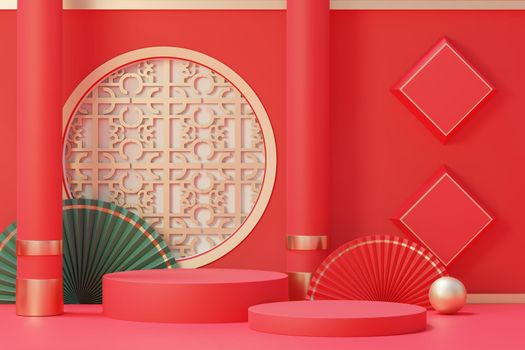 3d rendering of minimal scene of blank podium with Chinese lunar new year theme. Display stand for product presentation mock up. Cylinder stage in Chinese traditional texture with simple design.