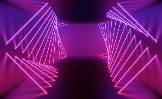 3d render of RGB neon light on darkness background. Abstract Laser lines show at night. Ultraviolet spectrum beam scene for mock up and web banner.