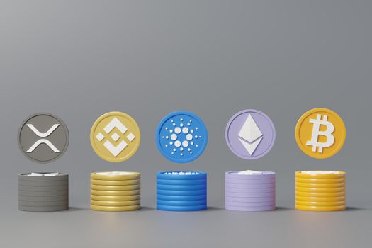 3d render stack of cryptocurrencies Bitcoin, Ethereum, Cardano and Binance coins. Cryptocurrency digital currency concept. New virtual money exchange in blockchain.