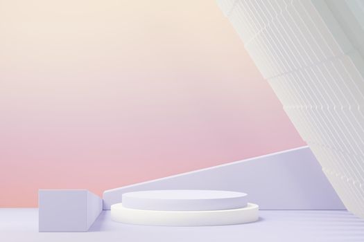 3d render of Beauty podium with Very Peri color of the year 2022 design for product presentation and advertising. Minimal pastel sky and Dreamy land scene. Romance concept.